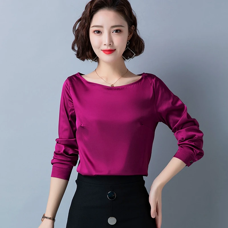 

New women shirt blouses tops long sleeve slash neck satin silk shirts women casual elastic thin office Ladies work shirts Female