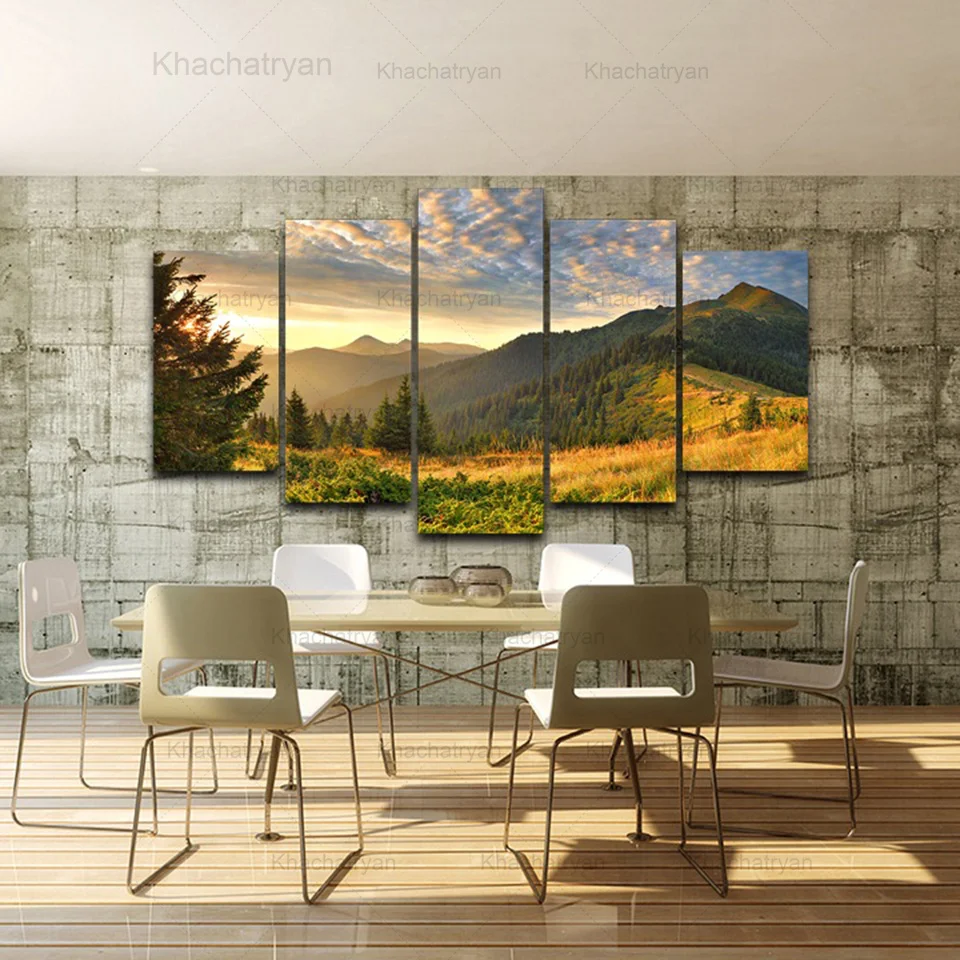 

Mountain Forest Landscape Poster Sky Clouds Home Decoration Canvas Painting Five-Piece Wall Picture Living Room Decor Prints