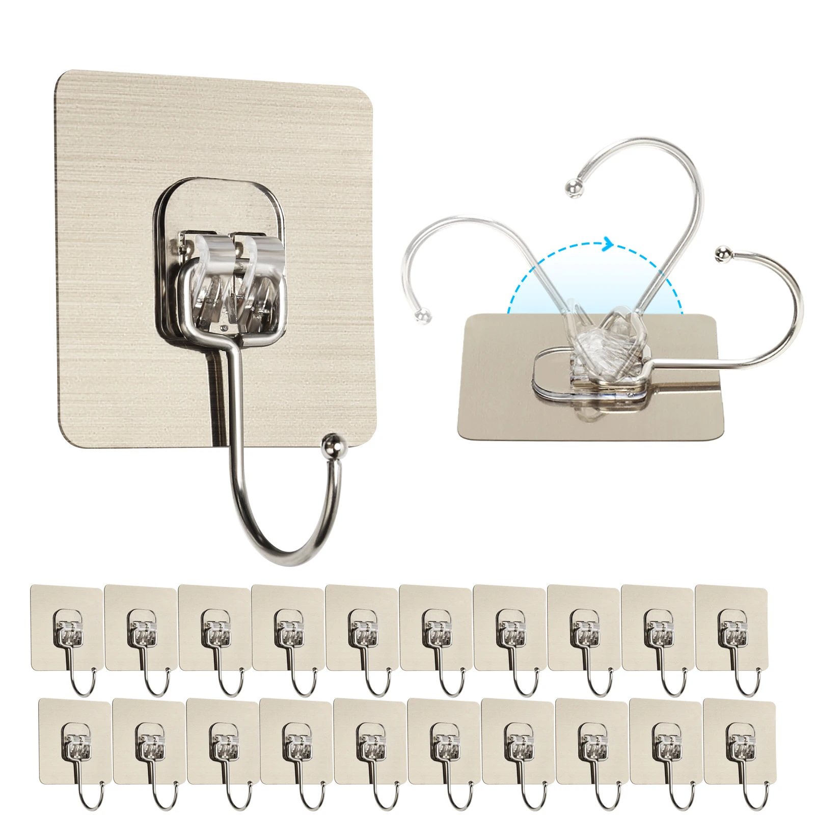 

5/10/20 Pack Large Adhesive Hooks Wall Hooks 22lb/10KG(Max) Reusable Seamless Nail Free Hooks for Kitchen Bathroom