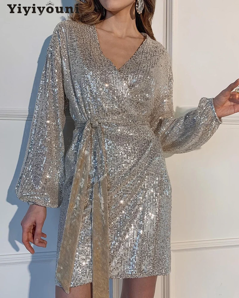 

Yiyiyouni Sequin Cross V-Neck Dresses Women Summer Belted Lantern Sleeve Mini Dress Female High Waist Silver Sexy Party Vestido