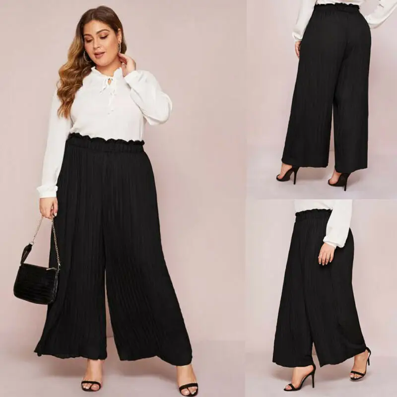 Plus Size Wide Leg Pleated Pants Women Casual Elastic Ruffled Waist 2020 New Fashion Black Loose Long Summer Trousers | Женская одежда