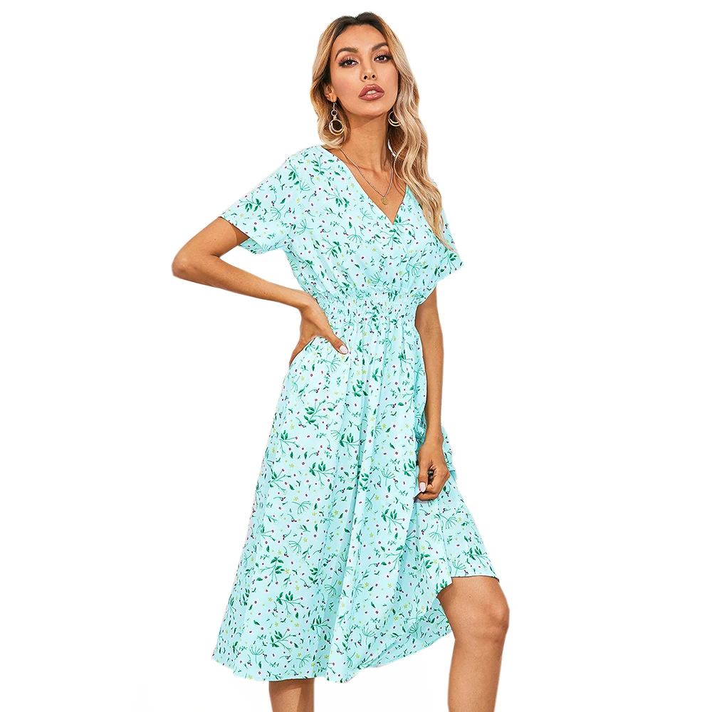 

Women Dresses Summer 2021 Sexy V Neck Floral Print Boho Beach Dress Short Sleeve A Line Mini Dress Wrap Sundress Robe