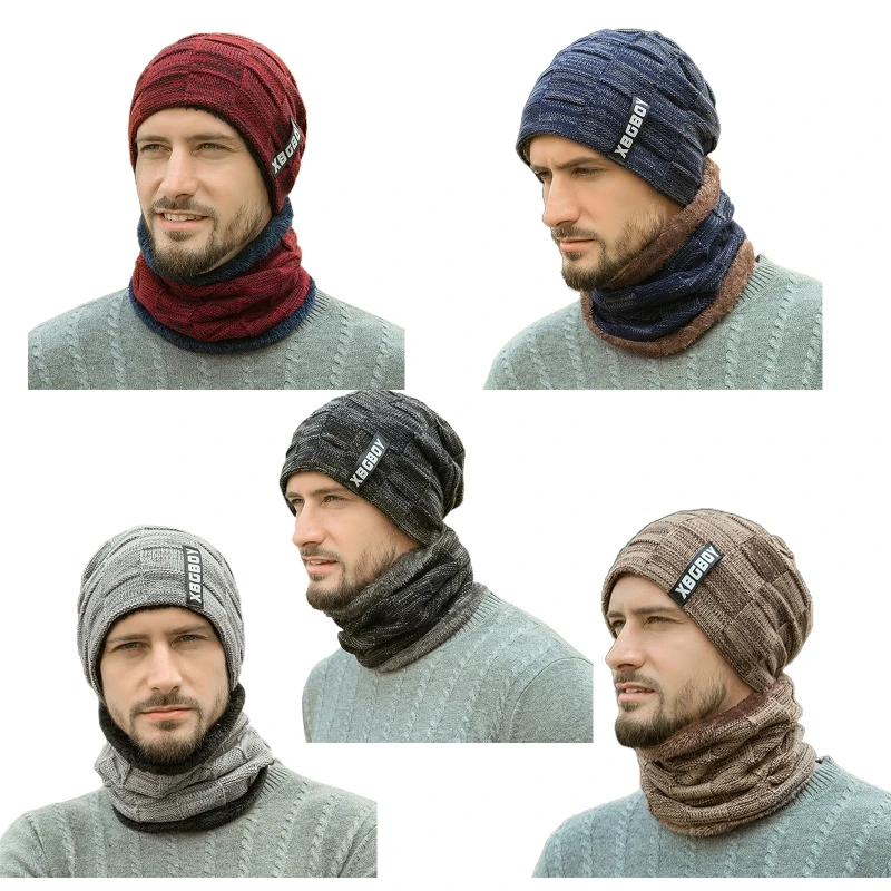 

2Pcs Unisex Winter Beanie Hat Scarf Set Thick Plush Lined Plaid Knit Skull Cap P8DB