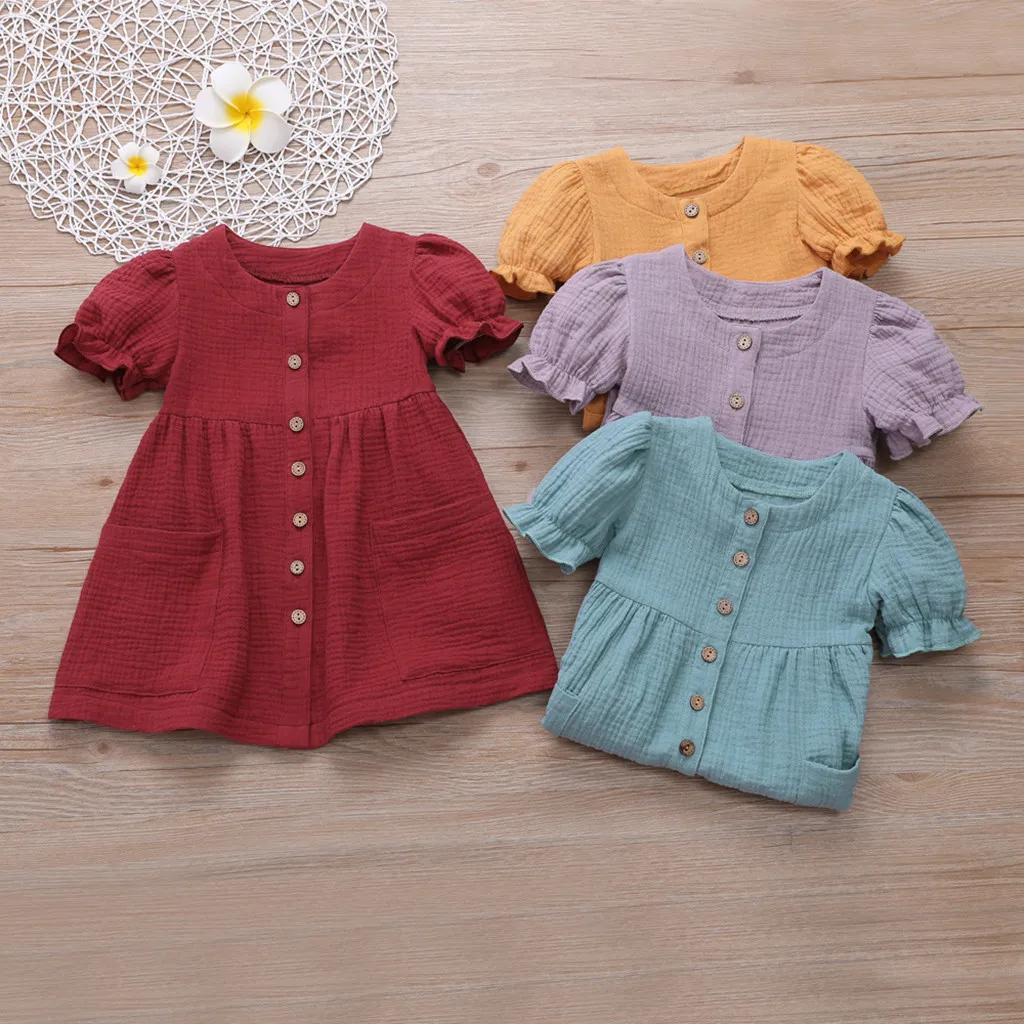 

Baby Girl Summer Clothes Toddler Cotton Linen Girls Dress Solid Lantern Sleeve Button Dress with pocket Girls Birthday Clothes