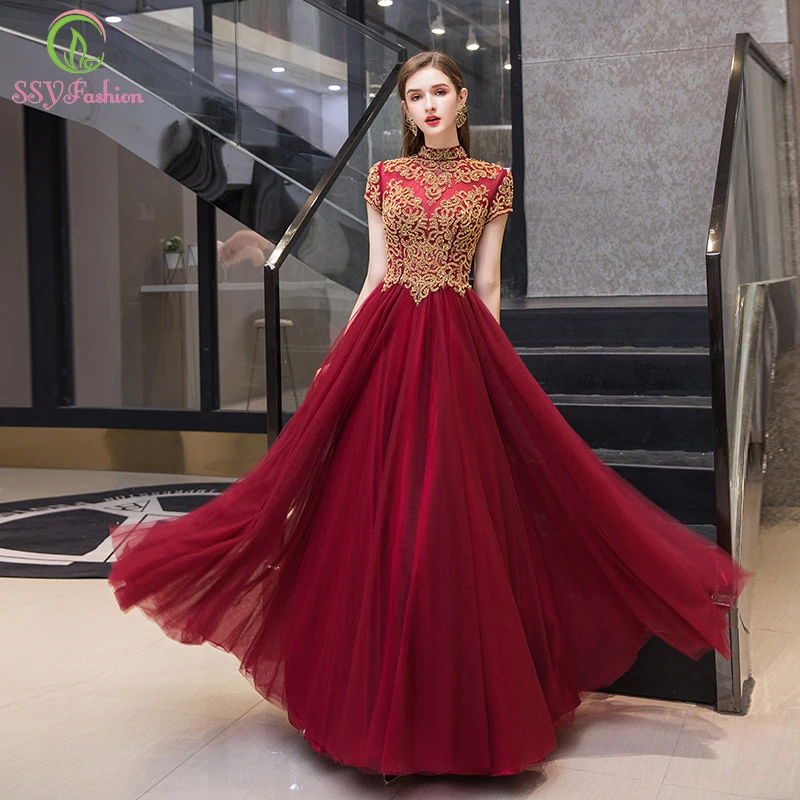 

Женское винтажное вечернее платье SSYFashion, элегантное банкетное платье винного цвета с высоким воротником и блестками, роскошное бальное пла...
