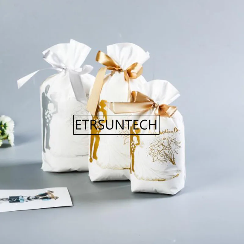 1000 шт Милое Свадебное платье сумки из шелкового шнурка золотые и серебряные