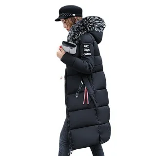 Casual Waisted Parka Women's Fall/winter Coat With Large Fur Collar Thick Mid-Length Slim-Fit Women's Padded Over-The-Knee Coat