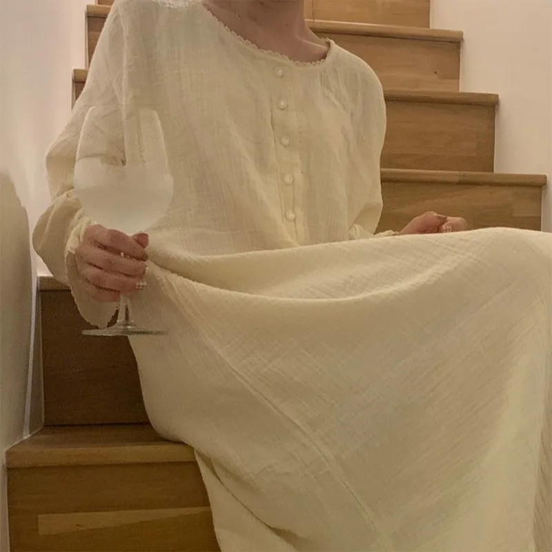 Women's Autumn and Winter New Korean Version of Sweet Girl Lace Loose One-piece Nightdress Home Clothes Sleep Tops Homing Dress