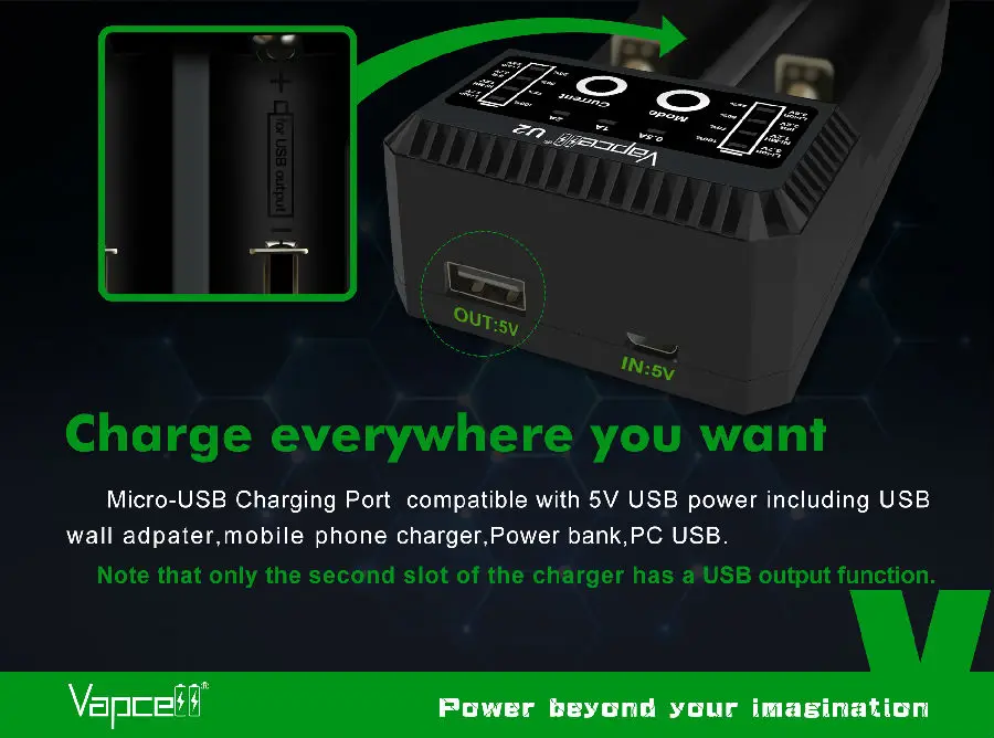Vapcell U2 2A Смарт мини зарядное устройство USB для li-ion/Lifepo4/Ni-MH/Ni-Cd AAA AAAA C D заряда батареи