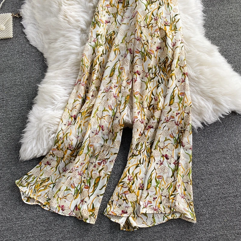 

Vacation Beach Women Floral Two Piece Set Elegant Bohemian Halter Sleeveless Chiffon Tops And High Waist Wide Leg Pants Female