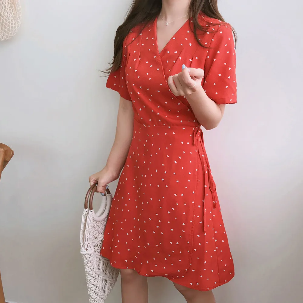 2020 Girl's love print one-piece V-neck dress waist slim Korean version of the chic ruffle A-line | Женская одежда