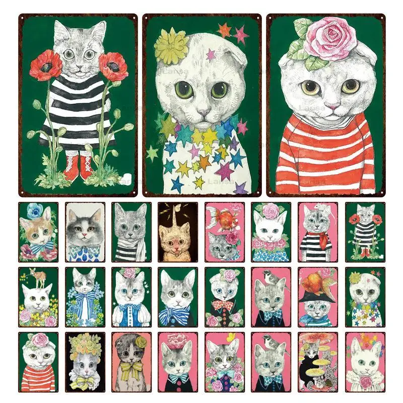 

Flower Cat Plaque Metal Vintage Tin Sign Shabby Chic Decor Metal Signs Vintage Bar Decoration Metal Poster Pub Metal Painting
