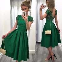 simple green o neck evening dress a line lace appliques backless short sleeve prom gown satin high quality tea length hot sale