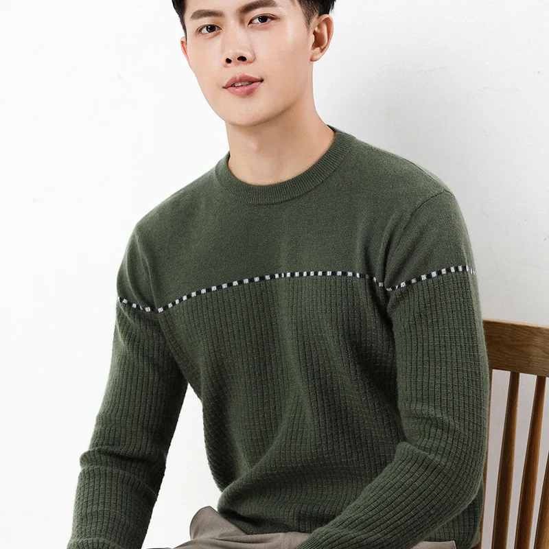 

Men's Color-Blocking Round Neck Cashmere Sweater 2021 Winter New Products Casual Bottoming Pullover Long-sleeved Korean Clothes
