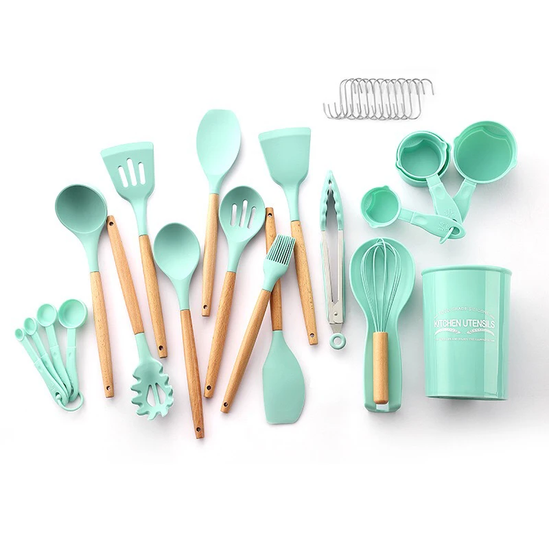 

Hot Sell 33Pcs Silicone Utensils Set Heat Resistant Cooking Tools Wooden Handle Spoons Kitchen Utensil Set for Cooking
