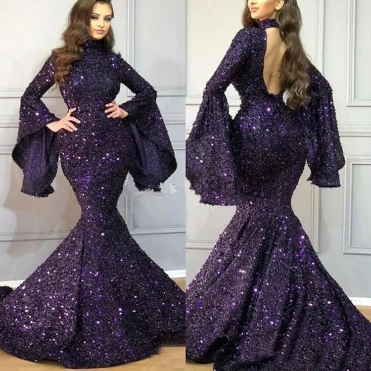 

Purple Sequined Long Mermaid Prom Dresses New Ruffles Sweep Strain High Neck Long Sleeveless Formal Evening Dress Party Gowns
