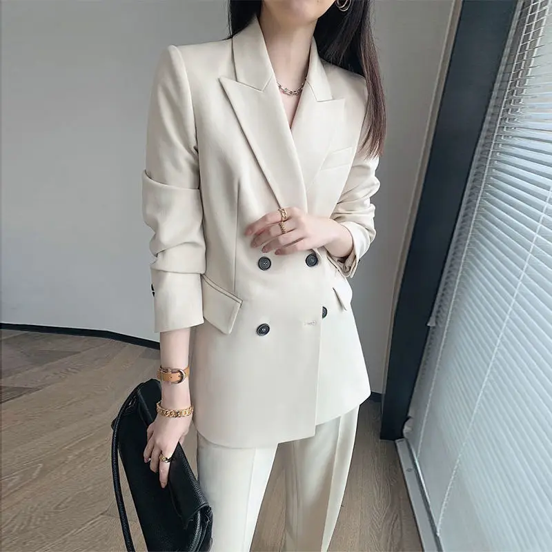 

2021 Women Spring Summer New Vintage Suit Female Double Breasted Blazer + High Waist Pant Set Lady Casual Solid 2 Piece Set F603