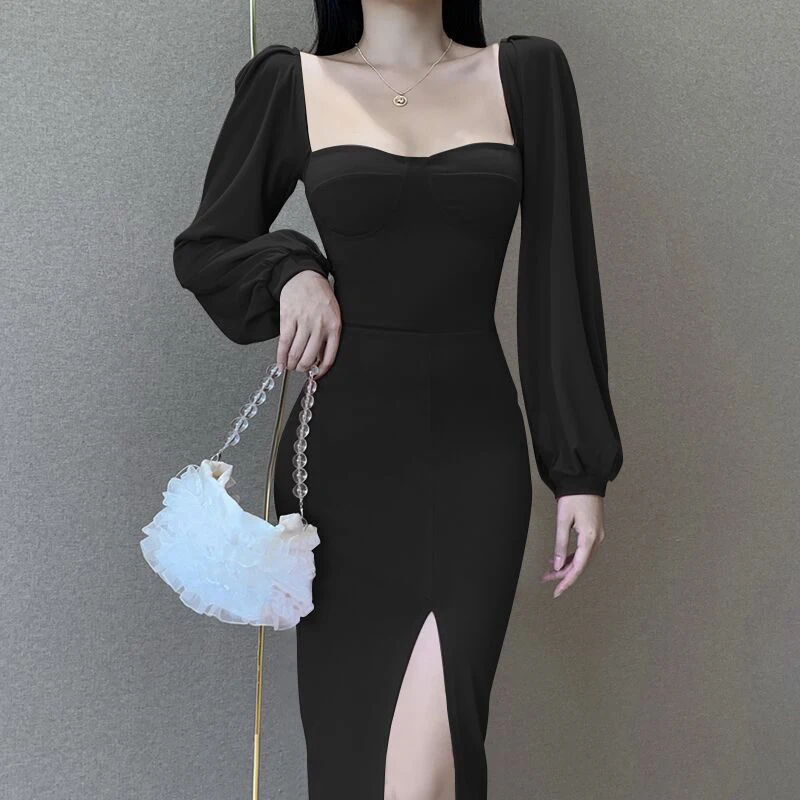 

Women's Tight Dress 2021 Autumn and Winter Sexy Off-shoulder Elegant Party Retro Open Back Knee-length One-piece Neck Dress