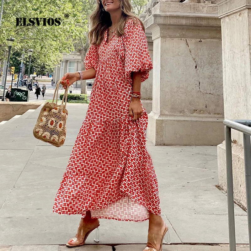 

Женское платье-макси с принтом, повседневное свободное платье с V-образным вырезом и рукавами-фонариками, элегантное вечернее платье, осень ...