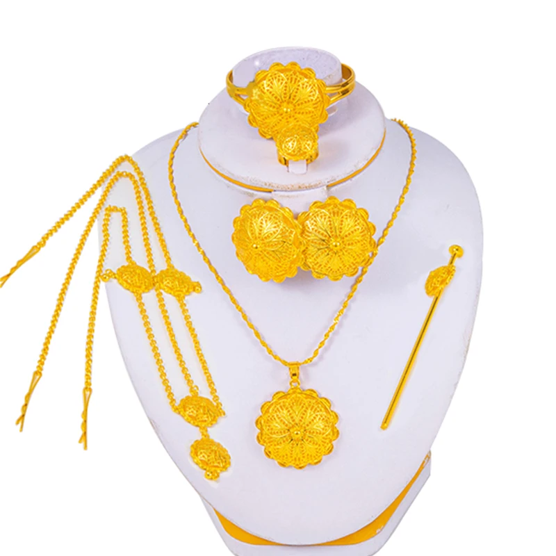 Ethiopian jewelry sets for Women hair chain necklace Clip ring hairpin bracelet Set African wedding gifts | Украшения и