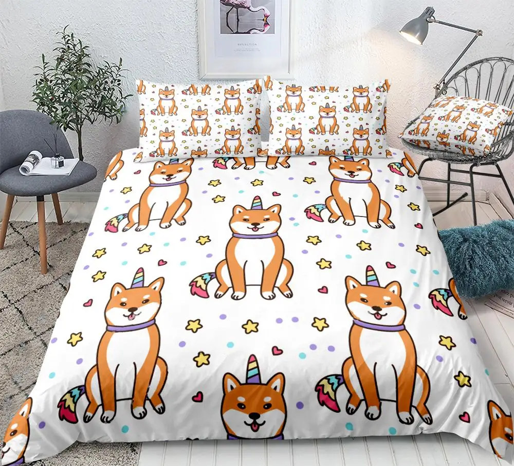 

Shiba Inu Duvet Cover Set Cartoon Dog Bedding Set for Kids Pet in Unicorn Bedclothes Puppy White Home Textile Drop ship