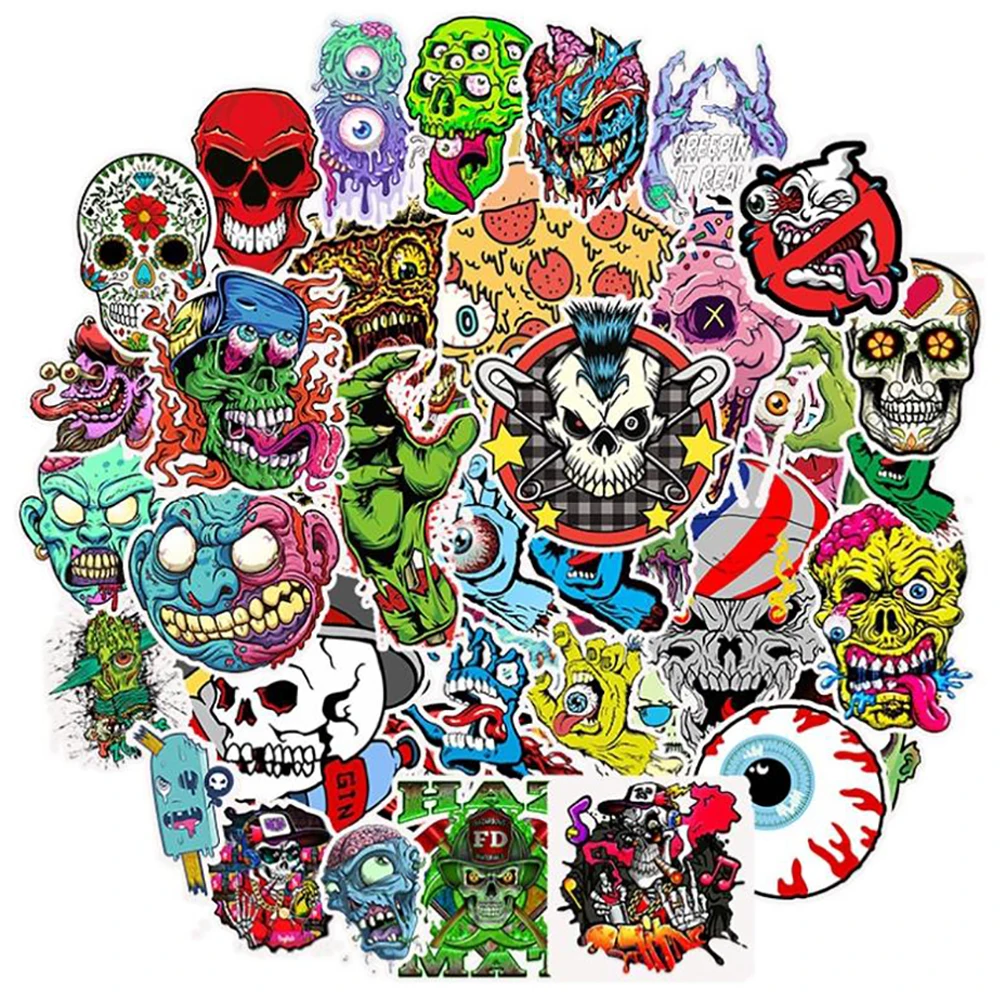 

50pcs Mixed Horror Skull Zombie Cartoon Stickers For Skateboard Motorcycle Fridge Guitar Laptop Suitcase Waterproof Fun Stickers