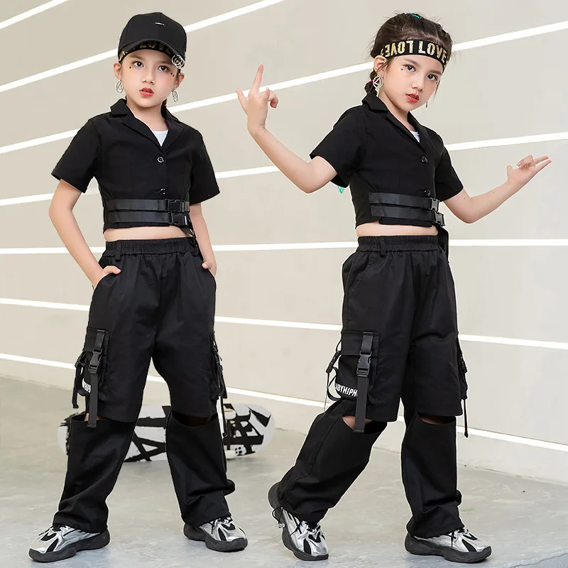 

Kid Black Cool Hip Hop Clothing V Neck Crop Top T Shirt Streeewear Tactical Cargo Hole Pants for Girl Jazz Dance Costume Clothes