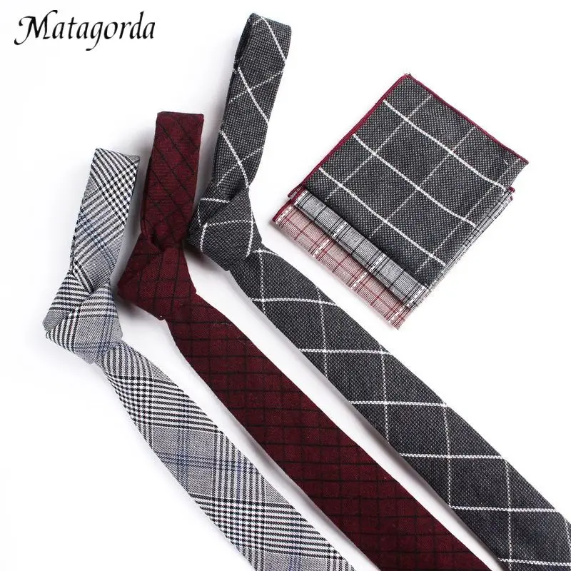 

Men Handkerchiefs + Tie Set Fashion Wedding Casual Grid Stripe Slim 6cm Neckties Wedding Suits Pocket Tie Cotton Necktie Gravata