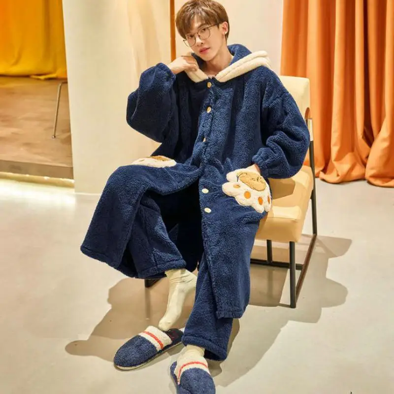 

Костюм Пижамный мужской фланелевый из кораллового флиса с капюшоном и брюки