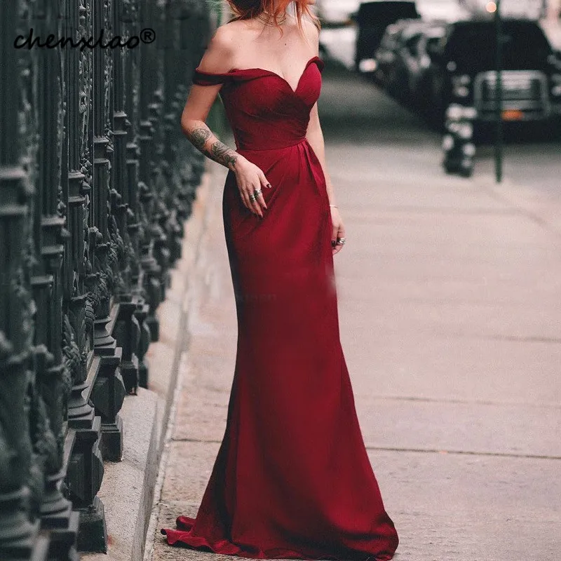 

Elegant Burgundy Evening Dress Off Shoulder Long Mermaid Formal Party Dresses Simple Satin Robe De Soiree Evening Gowns