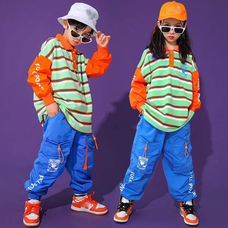 Детские танцевальные костюмы в стиле хип хоп рубашка полоску с длинным рукавом