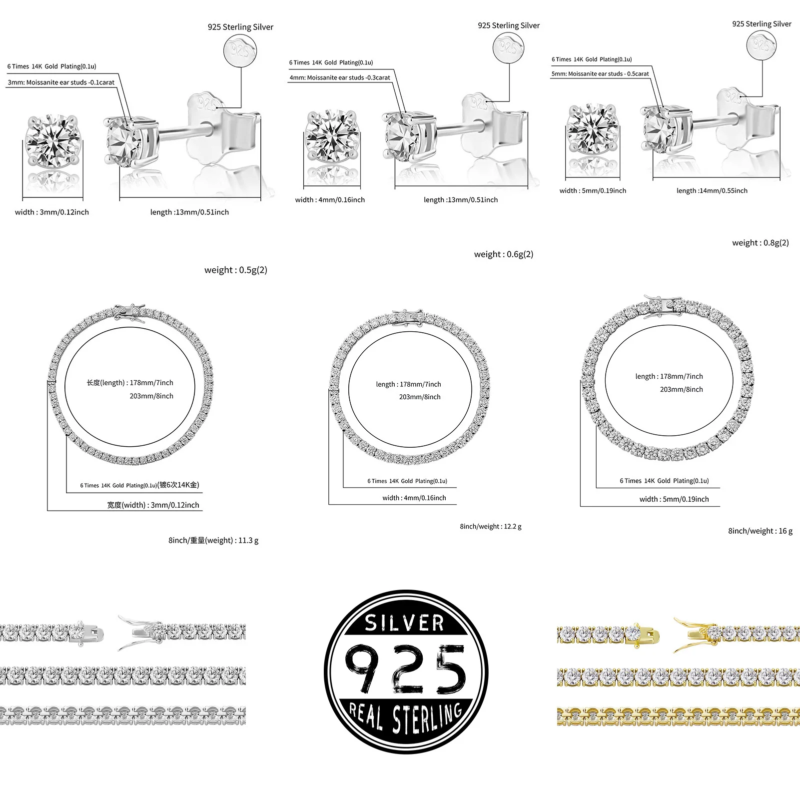 

JINAO 925 Sterling Silver Jewelry Set High Quality Personality Iced Out Moissanite Tennis chain Bracelet Boucle Oreille Femme