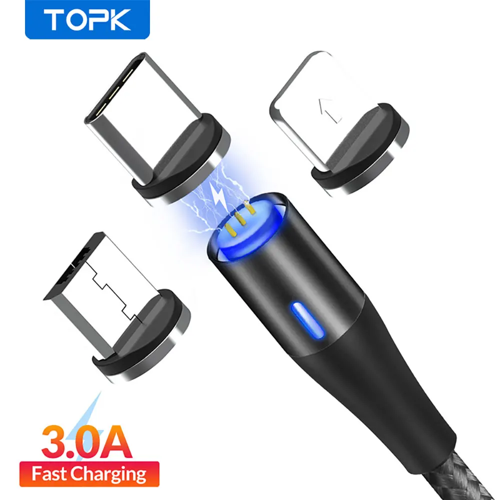Магнитный светодиодный USB кабель TOPK 1 м 3 А для быстрой зарядки и передачи данных