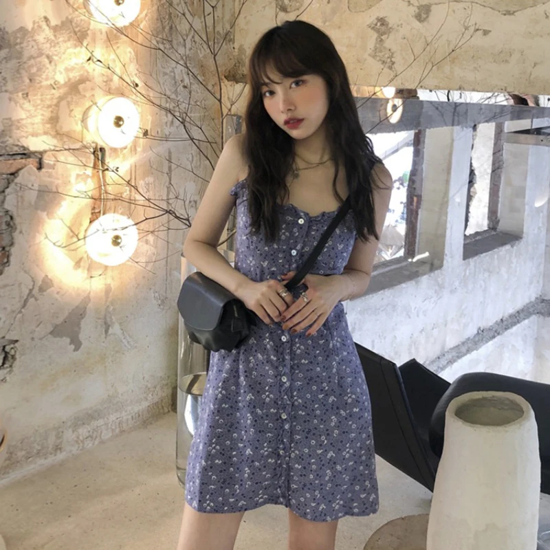 

Женское платье на бретельках, фиолетовое приталенное платье с цветочным принтом, нежная короткая юбка во французском стиле, лето 2021