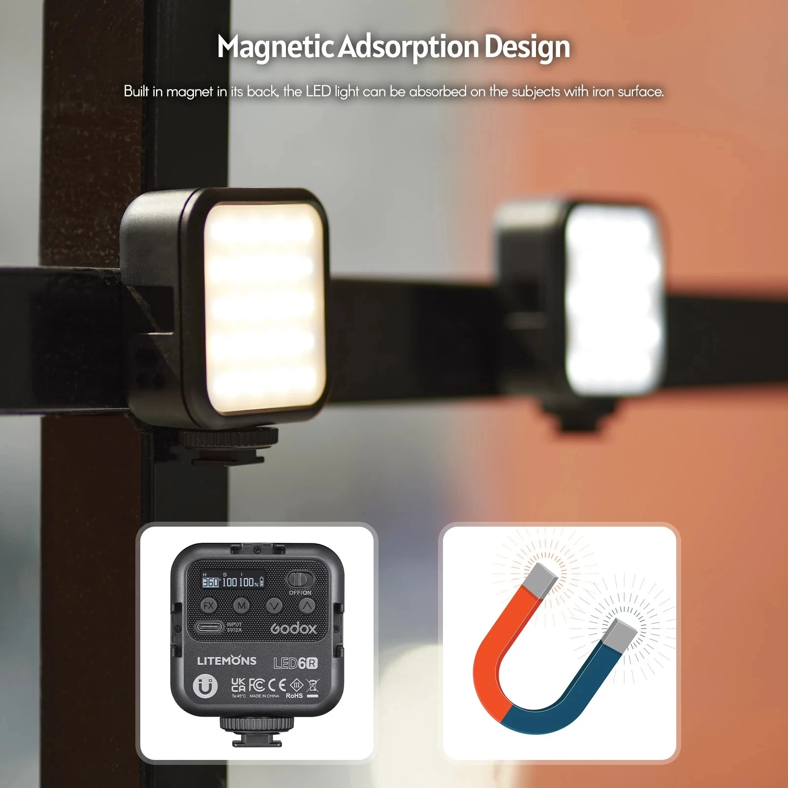 Светодиодный видеосвет Godox LITEMONS LED6R RGB, перезаряжаемый, 13 световых эффектов, магнитное крепление, 3 крепления типа шoe mount для видеоблогов и прямых трансляций (art.: 3920daa2186cf) - 3920daa2186cf