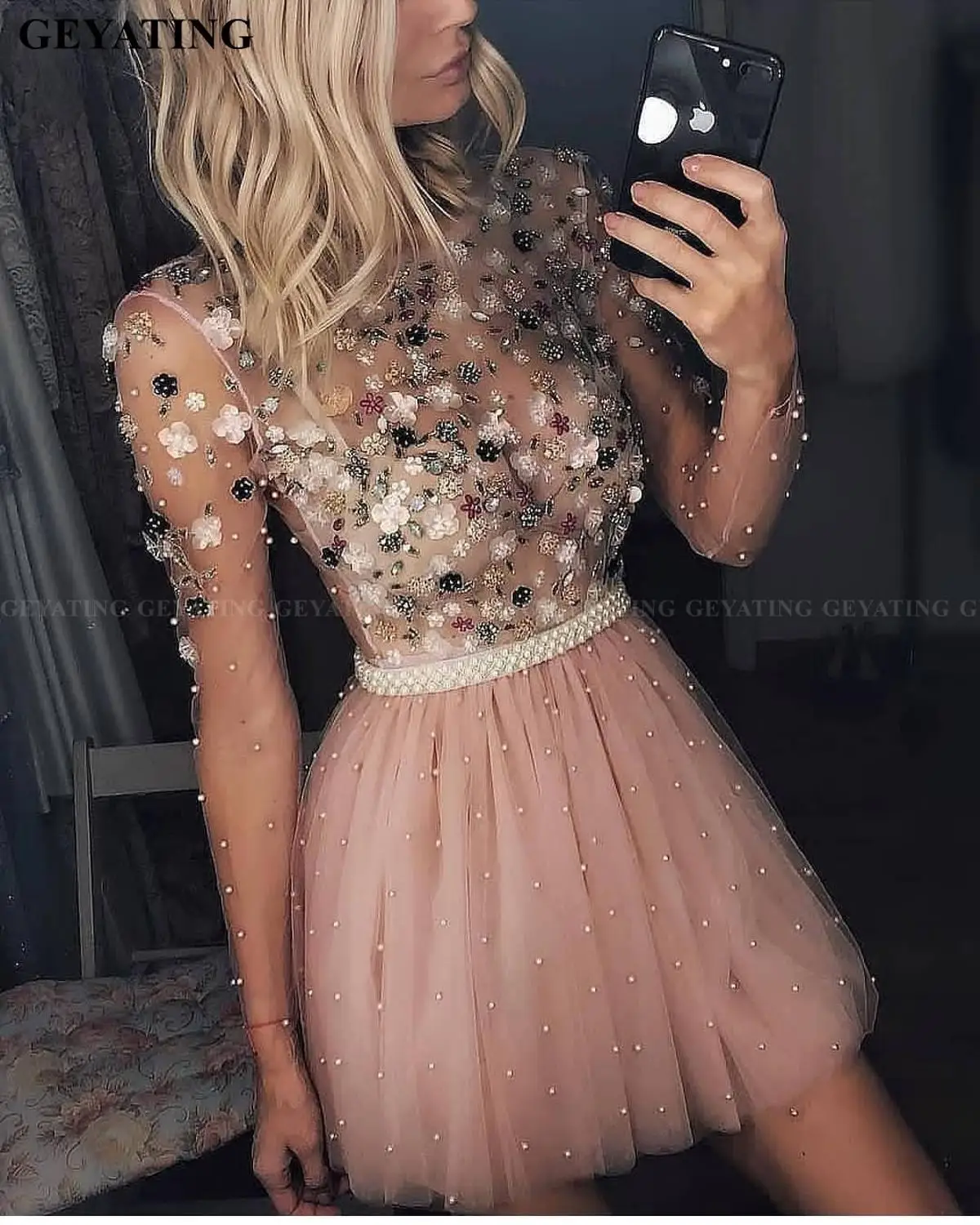 Милые розовые короткие платья с длинными рукавами для выпускного вечера Vestidos de 15 cortos 3D Цветы Жемчуг Тюль милое коктейльное платье