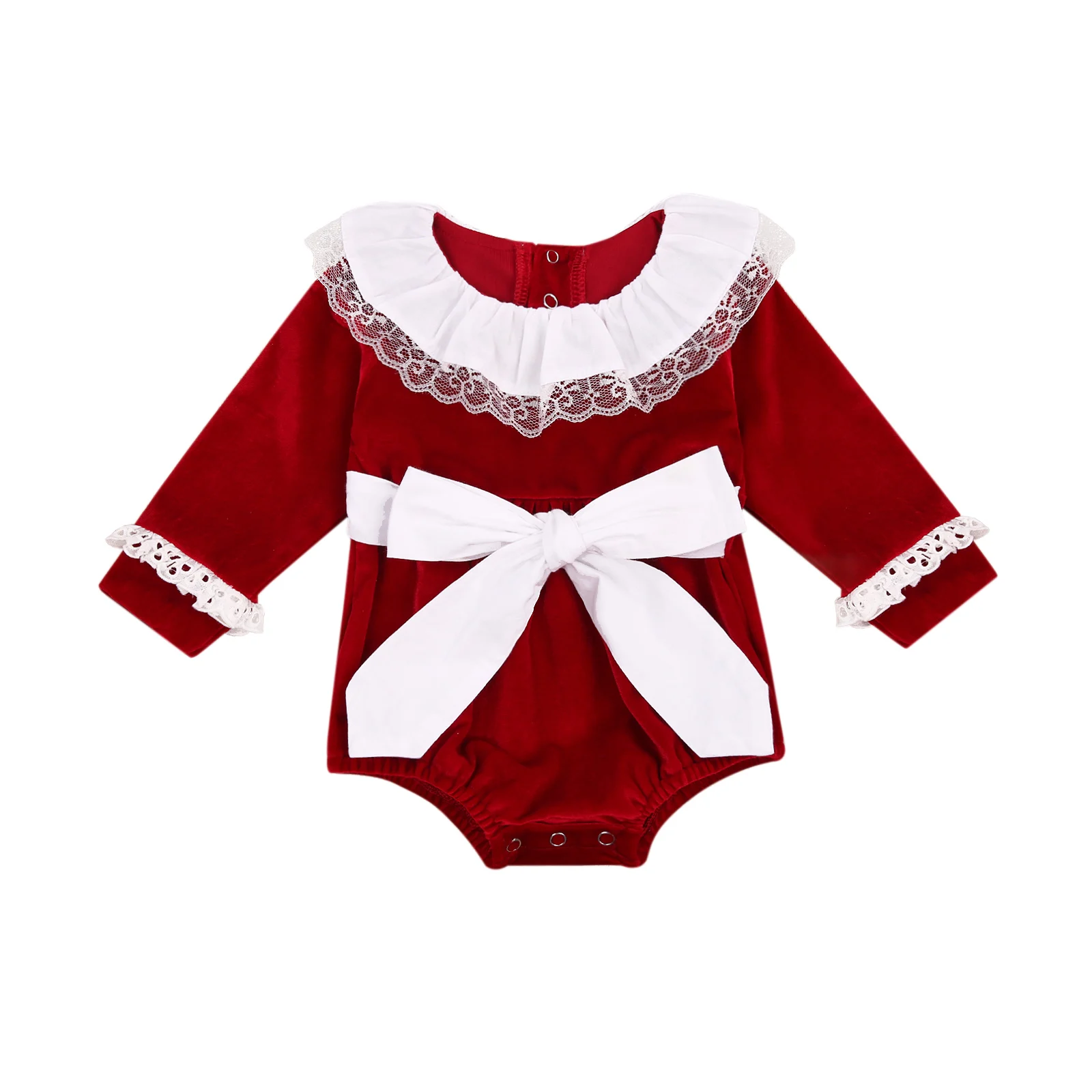 

0-24 Months Newborn Casual Style Romper Toddler Girls Red Long Sleeve Round Neck Lace Playsuit with Bowknot Belt One-piece
