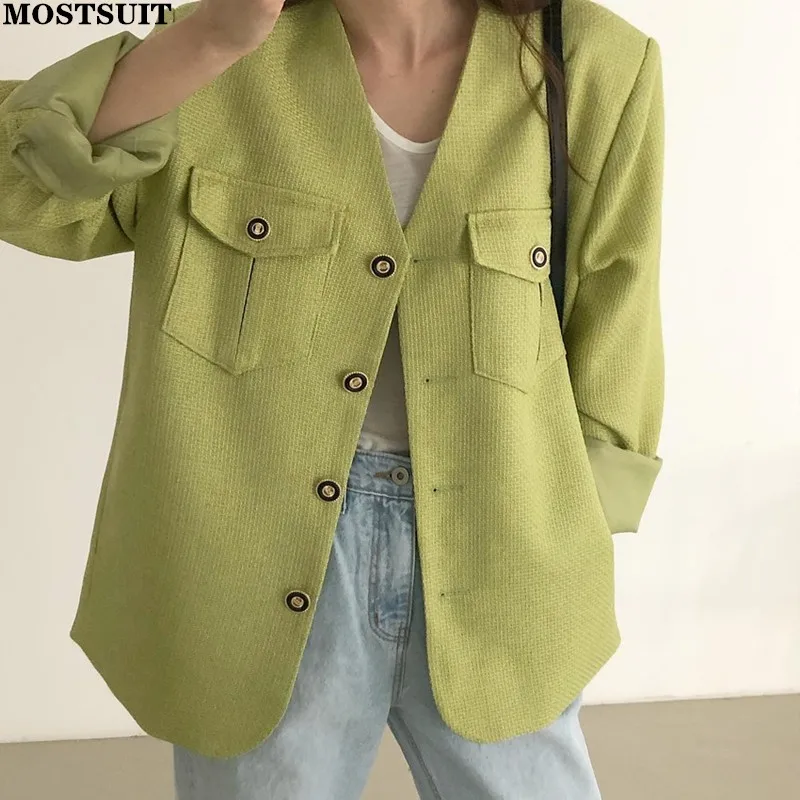 

Vintage Fashion Women Suit Jacket Coat Full Sleeve V-neck Pockets Blazer Tops Elegant Chic Loose All Match Ladies Jacket 2022
