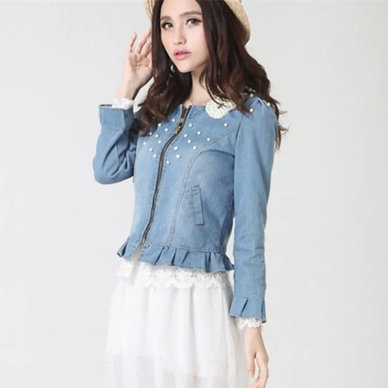 Женская джинсовая куртка WSYORE новая с потертым жемчугом на воротнике кружевное