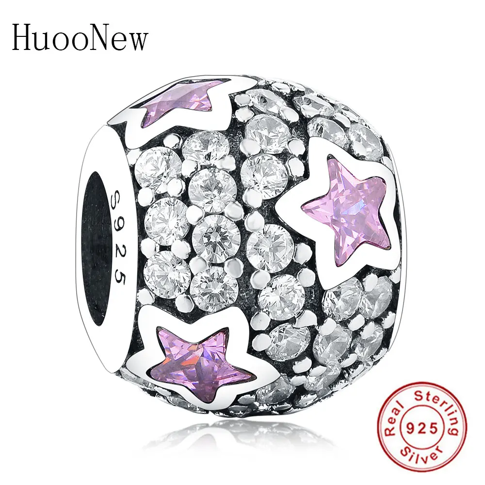 

New 925 Sterling Silver Pink CZ Star Charm Beads With Clear CZ Fits Original Charms Bracelets Bangles DIY Jewelry Making