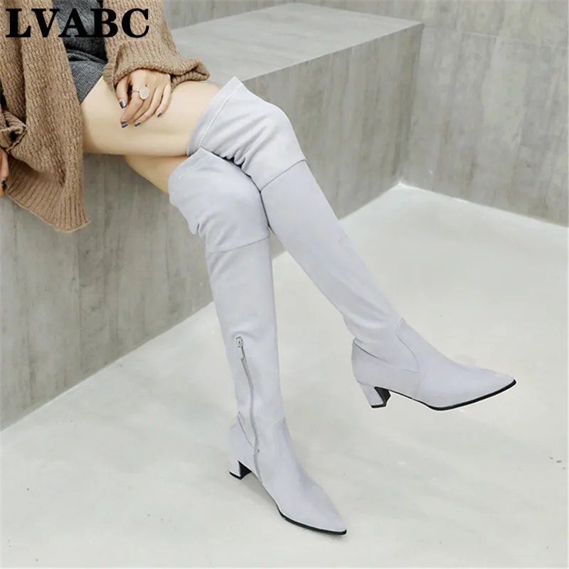 Женские замшевые ботфорты Сапоги выше колена на высоком каблуке с острым носком