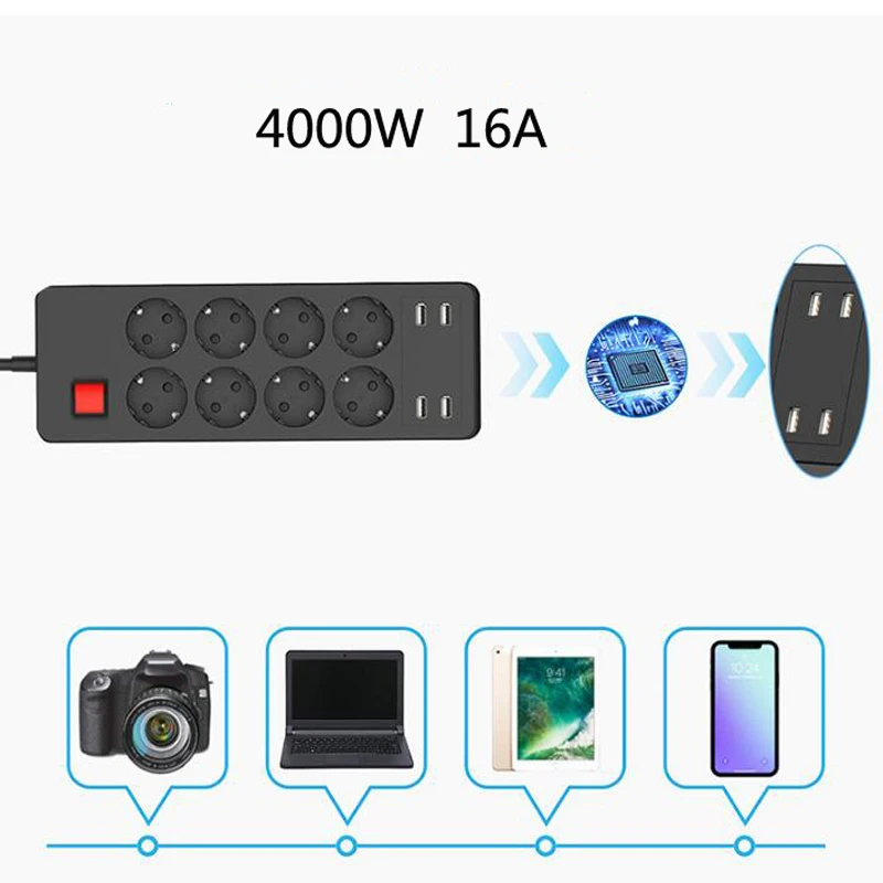 Розетка настольная европейского стандарта 4000 Вт 4 USB-порта для зарядки смартфонов