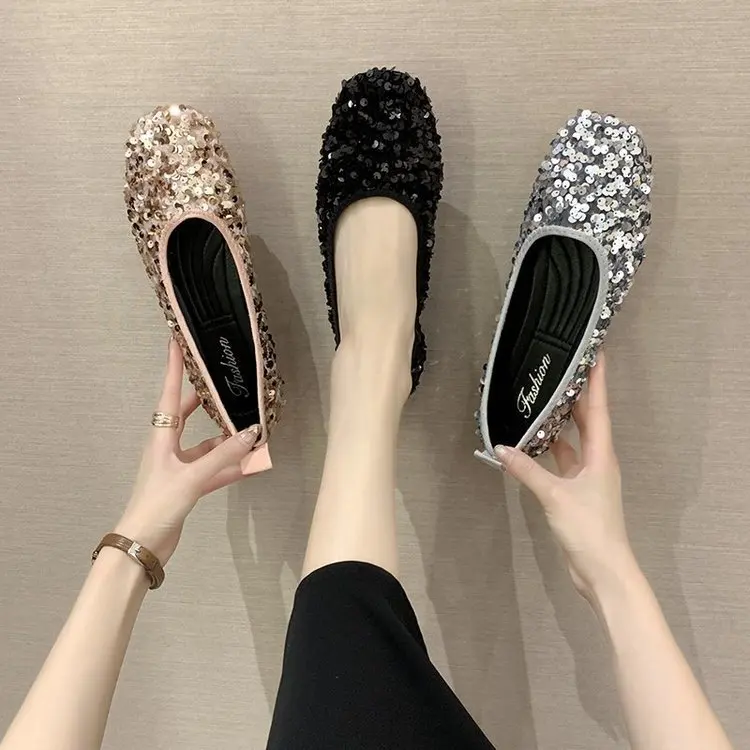 

2021 Celebrity Style Classic Womens Gliiter Sequined Flats Ladies Ballerina Flat Shoes New Free Shipping