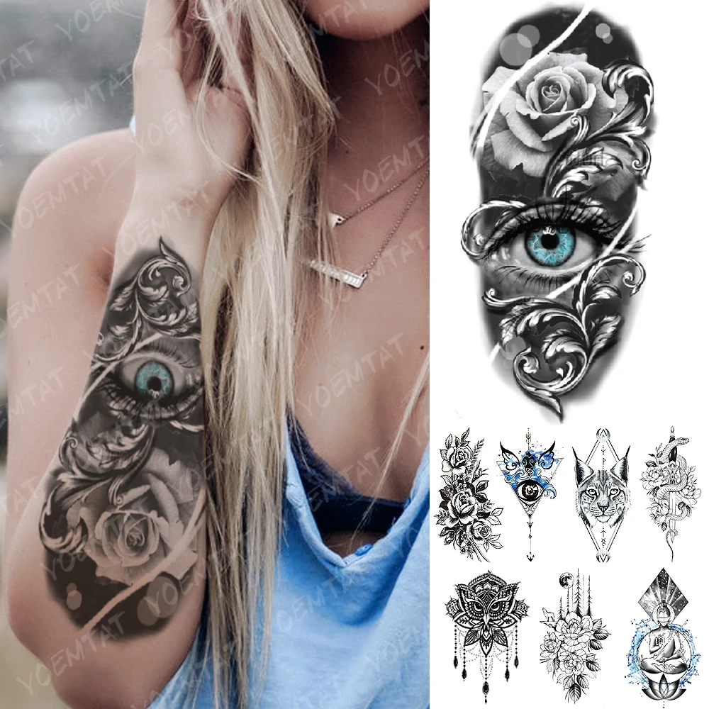 

Waterproof Temporary Tattoo Sticker Blue Eyes Rose Snake Cat Sword Flash Tatto Buddha Mandala Body Art Arm Fake Tatoo Women Men