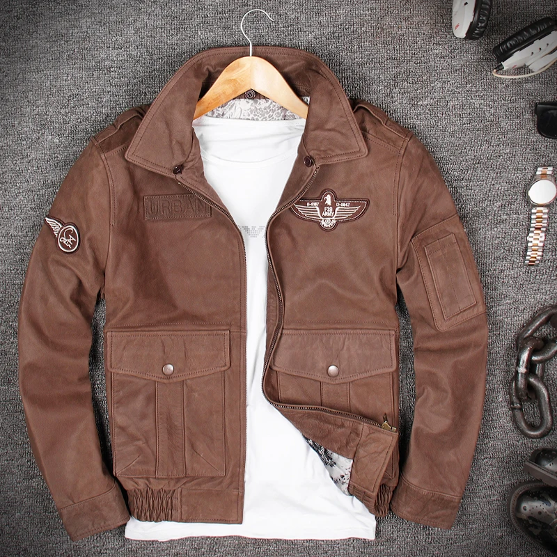 

Wool Collar Air Flight Genuine Leather Jacket,100% Cow Skin Genuine Leather Coat A2 Pilot Leather Jacket