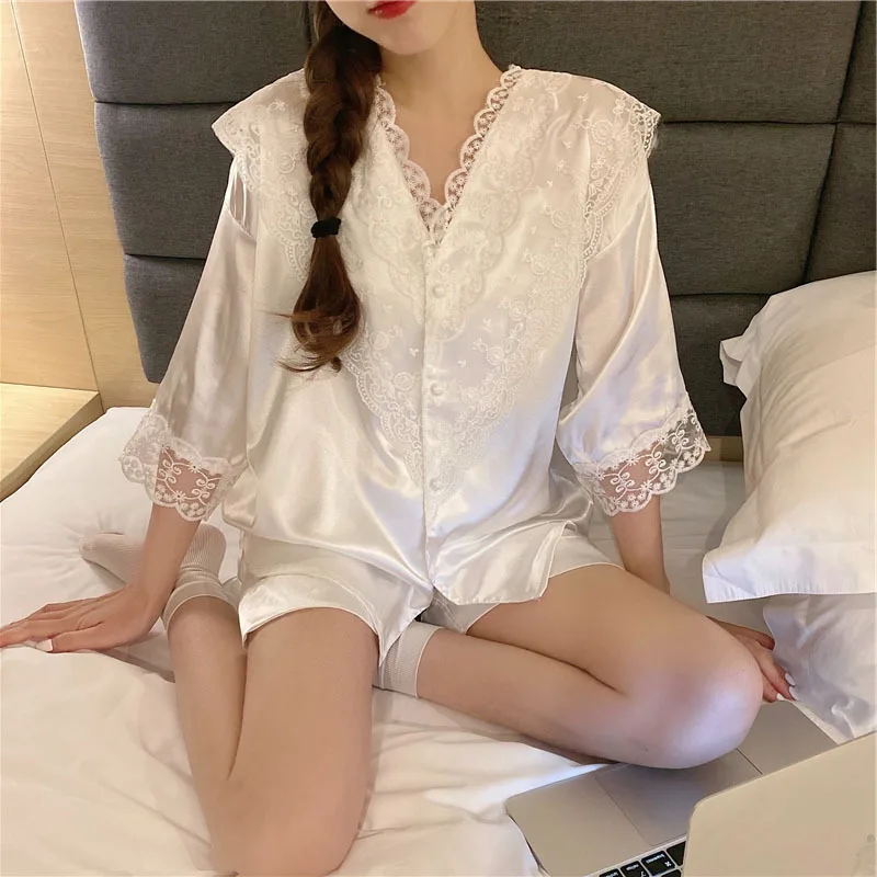 New Summer Products Court Style Women's Pajamas Suit Lace Nightgown V-neck Cardigan Home Clothes Sweet Style Lady Sleepwear