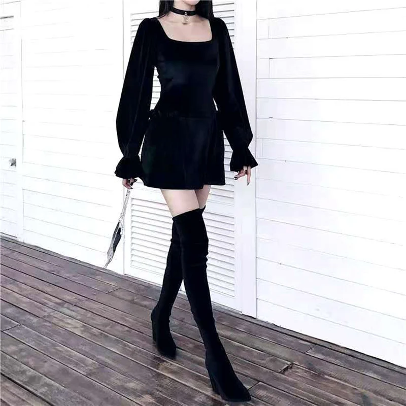 

2020 Elegant Velvet Short Mini Women Dress Black Puff Sleeve Gothic Lolita Retro Vintage Party Dress Goth Punk Streetwear