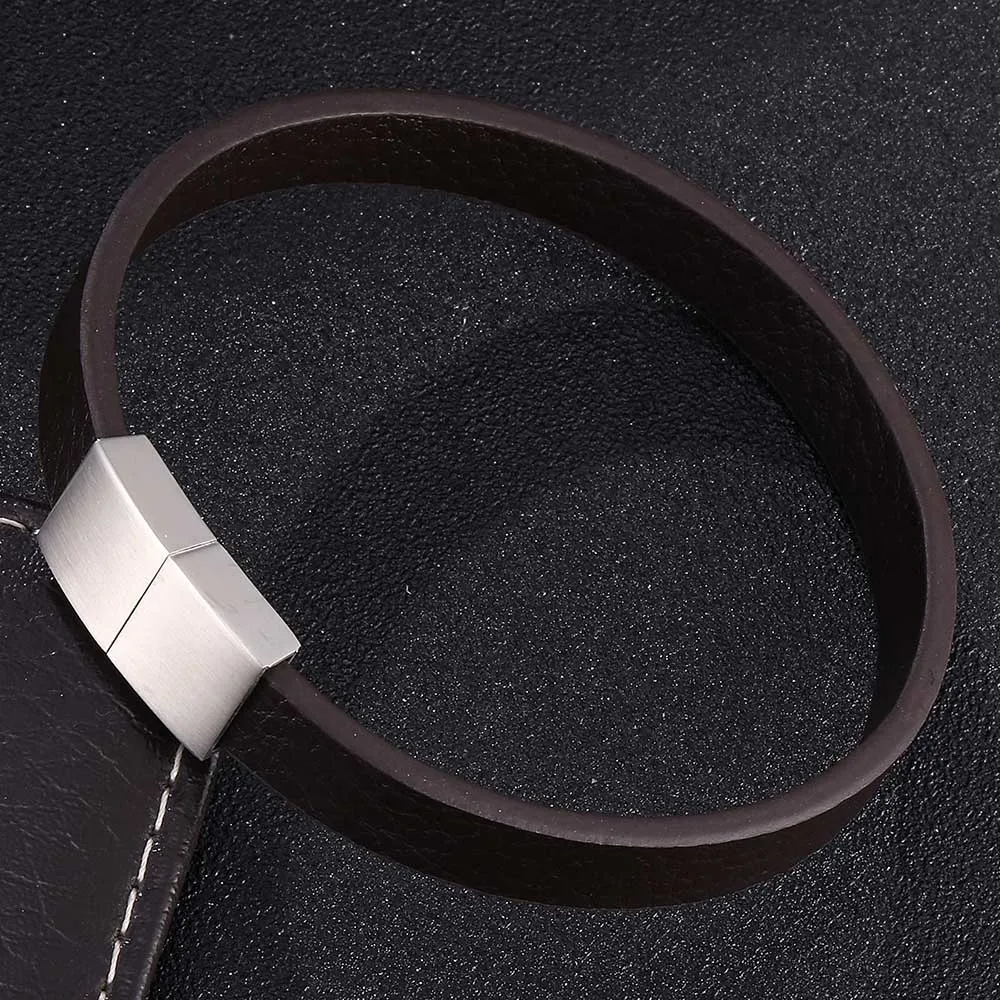 Модный простой черный коричневый кожаный браслет для мужчин S. Магнитный со