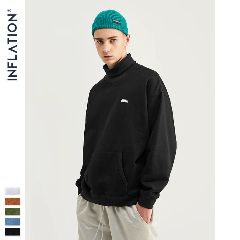 INFLATION Basic мужская толстовка с высоким воротником однотонная карманом свободная