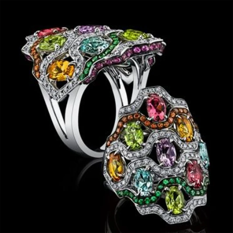 

JK Multicolored Female Retro Rings Brilliant Cubic Zircon Graceful Accessories Vintage Party Finger Ring Fine Gift for Women
